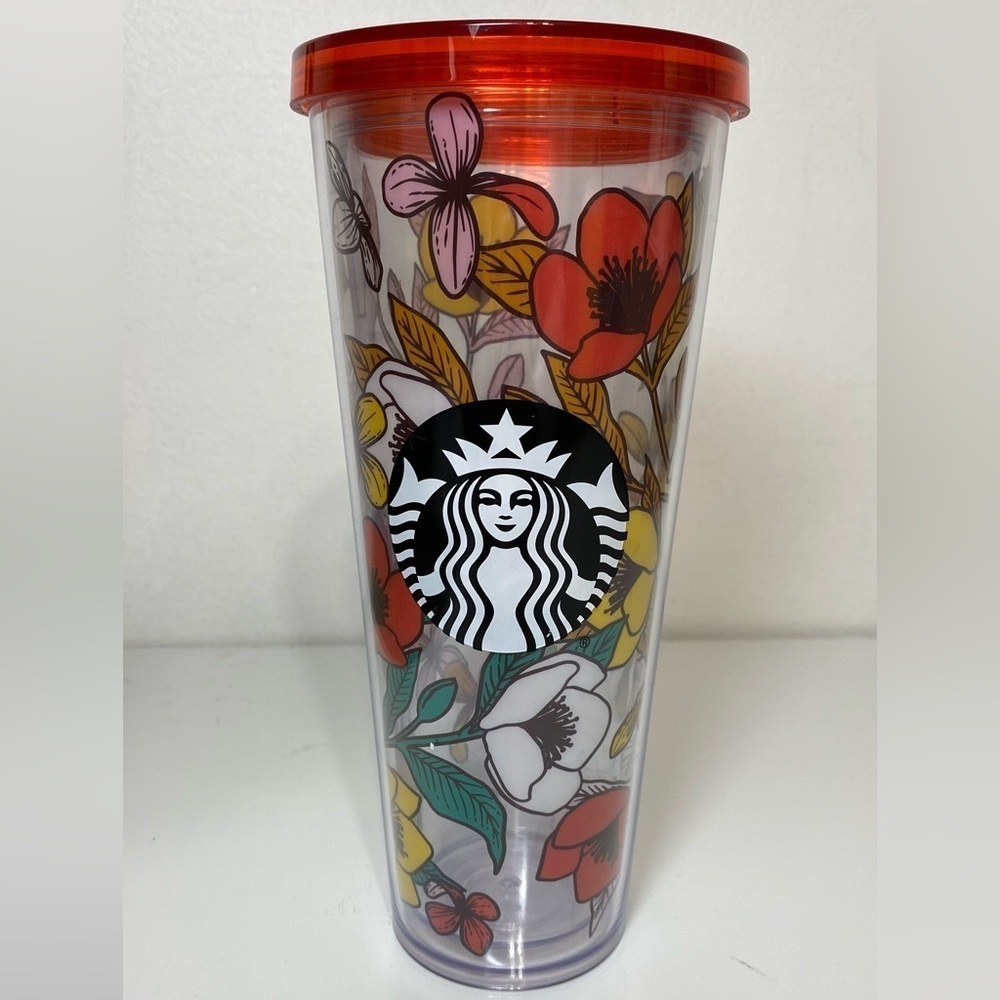 24oz STARBUCKS‎ VENTI POPPY FLOWERS Acrylic Cold Cup Tumbler No Straw EUC